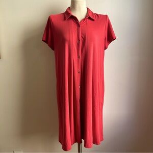 J Jill Coral Red Shirt Dress Midi Pima Cotton Button Up Pockets Collar Medium